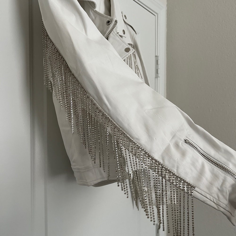 Buddy Love Rife Crystal Fringe
Vegan Leather Jacket in White - Picture 8 of 11